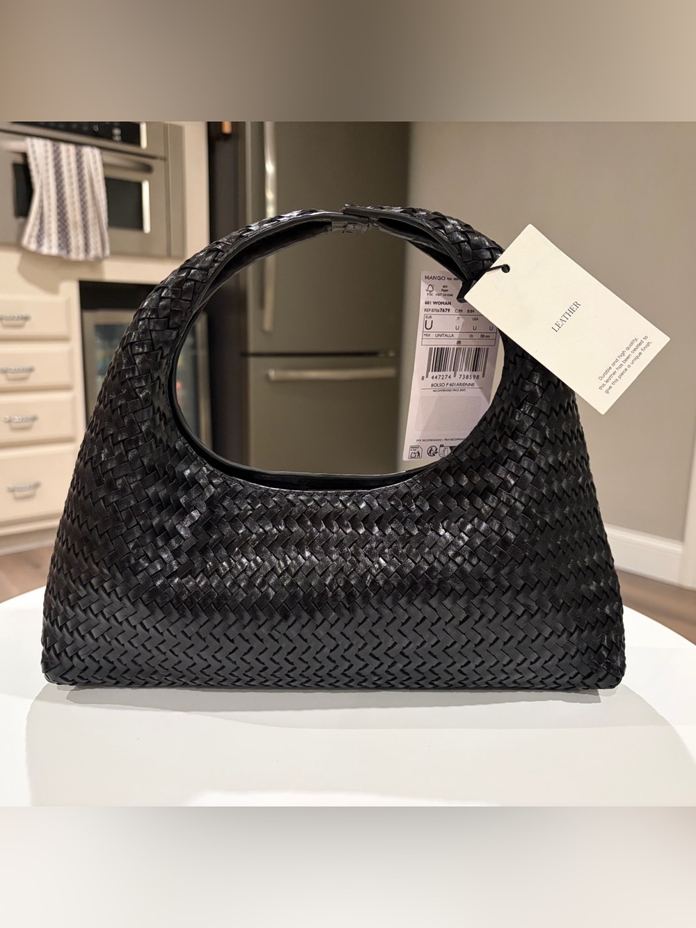 Mango Woven Leather Handbag, Black